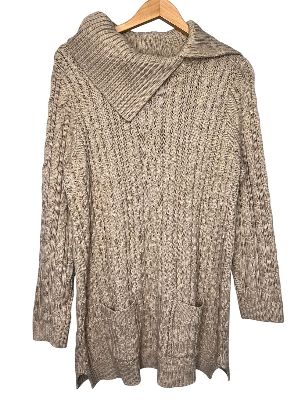 Jeanne Pierre Beige Cable Knit Tunic Sweater Dress XL Cotton Cowl Neck Pockets
